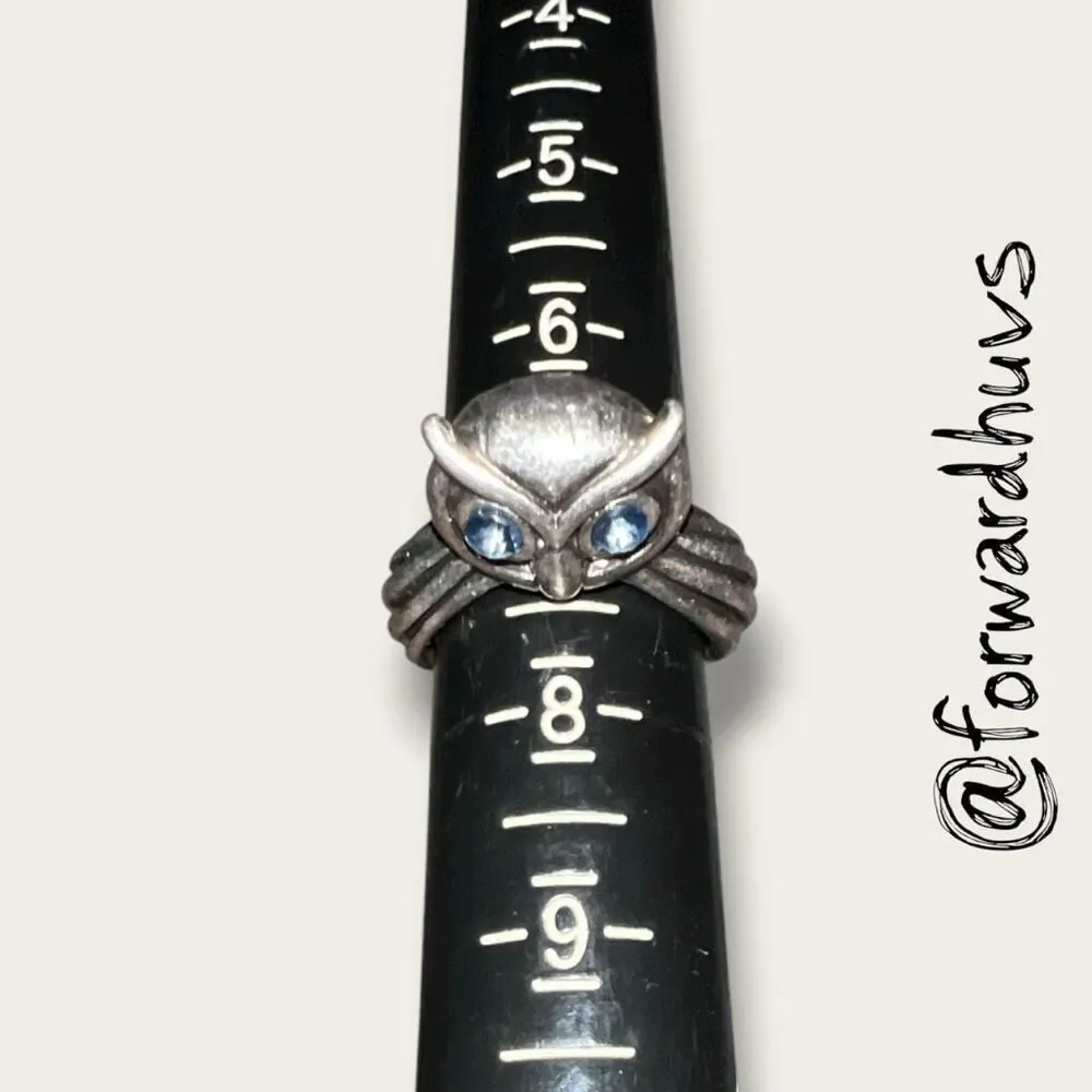 Owl Ring With Sapphire Blue Rhinestone Eyes Size 7.5